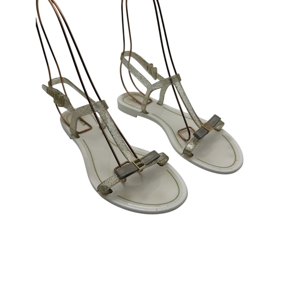 Furla Metallic Gold and White T-Strap Jelly Sandals Size 6